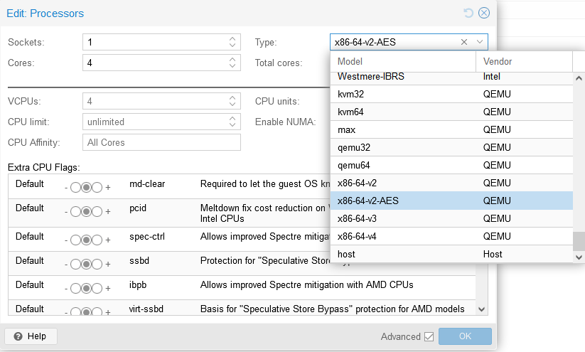 Тип ЦПУ Proxmox VE